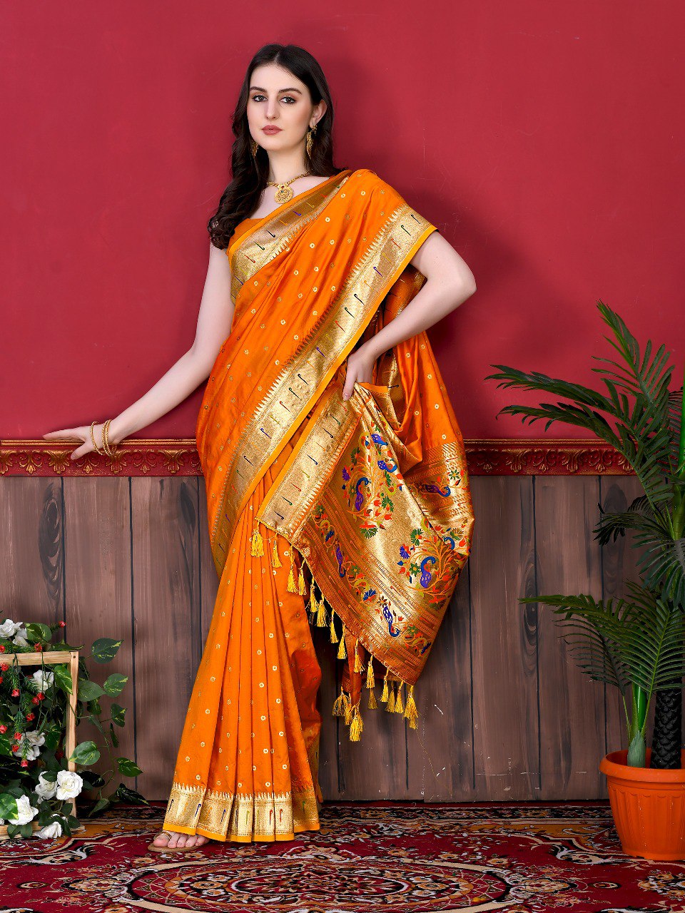 Felicitous Orange Paithani Silk Saree With Susurrous Blouse Piece