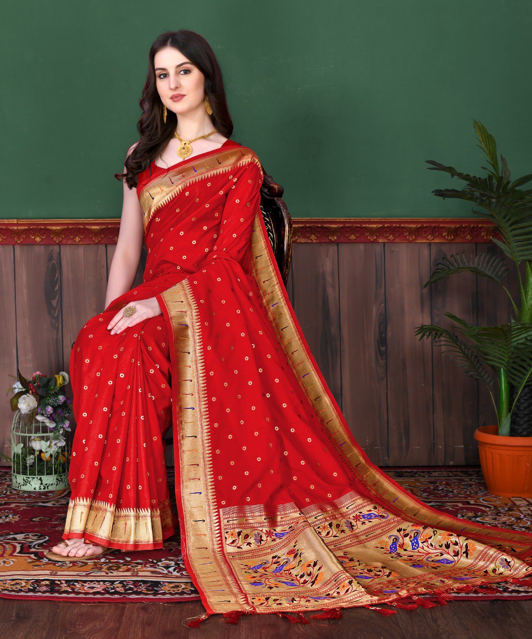 Splendiferous Red Paithani Silk Saree With Serendipity Blouse Piece