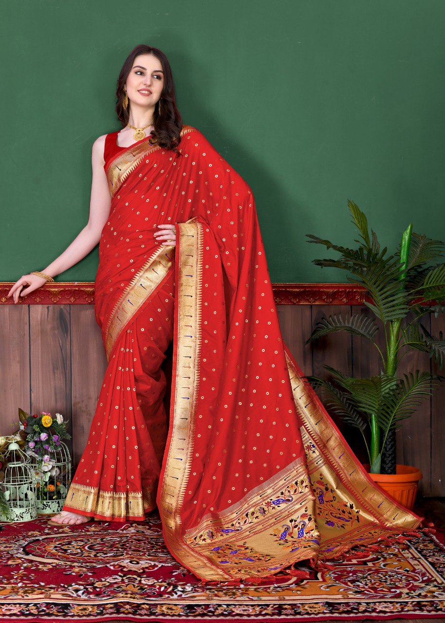 Splendiferous Red Paithani Silk Saree With Serendipity Blouse Piece