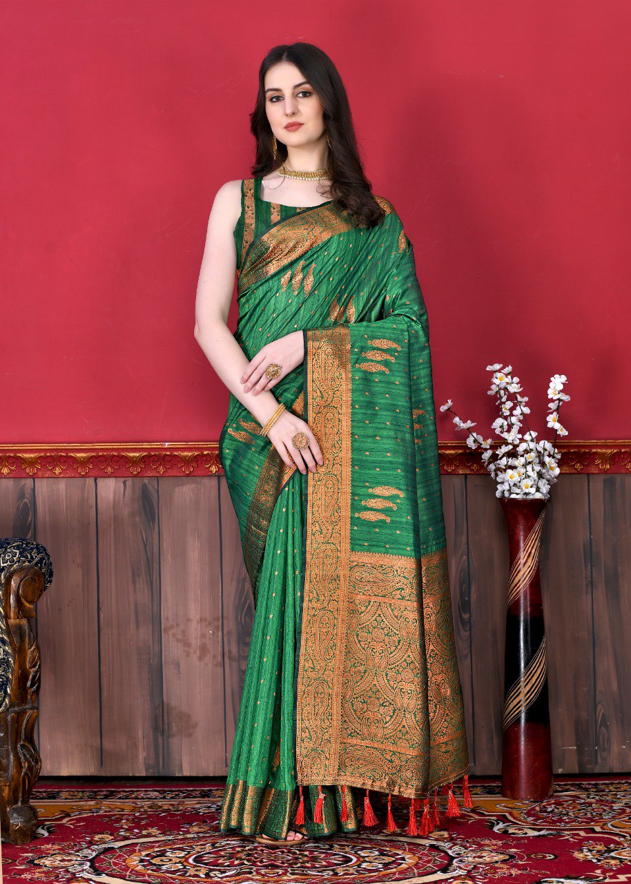 Assemblage Green Soft Banarasi Silk Saree With Evocative Blouse Piece