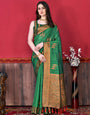 Assemblage Green Soft Banarasi Silk Saree With Evocative Blouse Piece