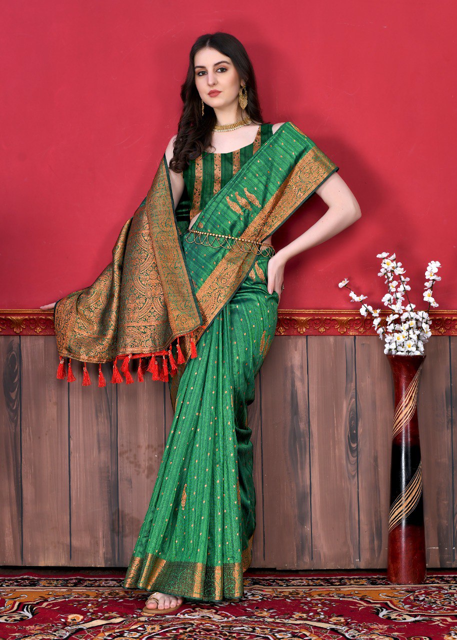 Assemblage Green Soft Banarasi Silk Saree With Evocative Blouse Piece