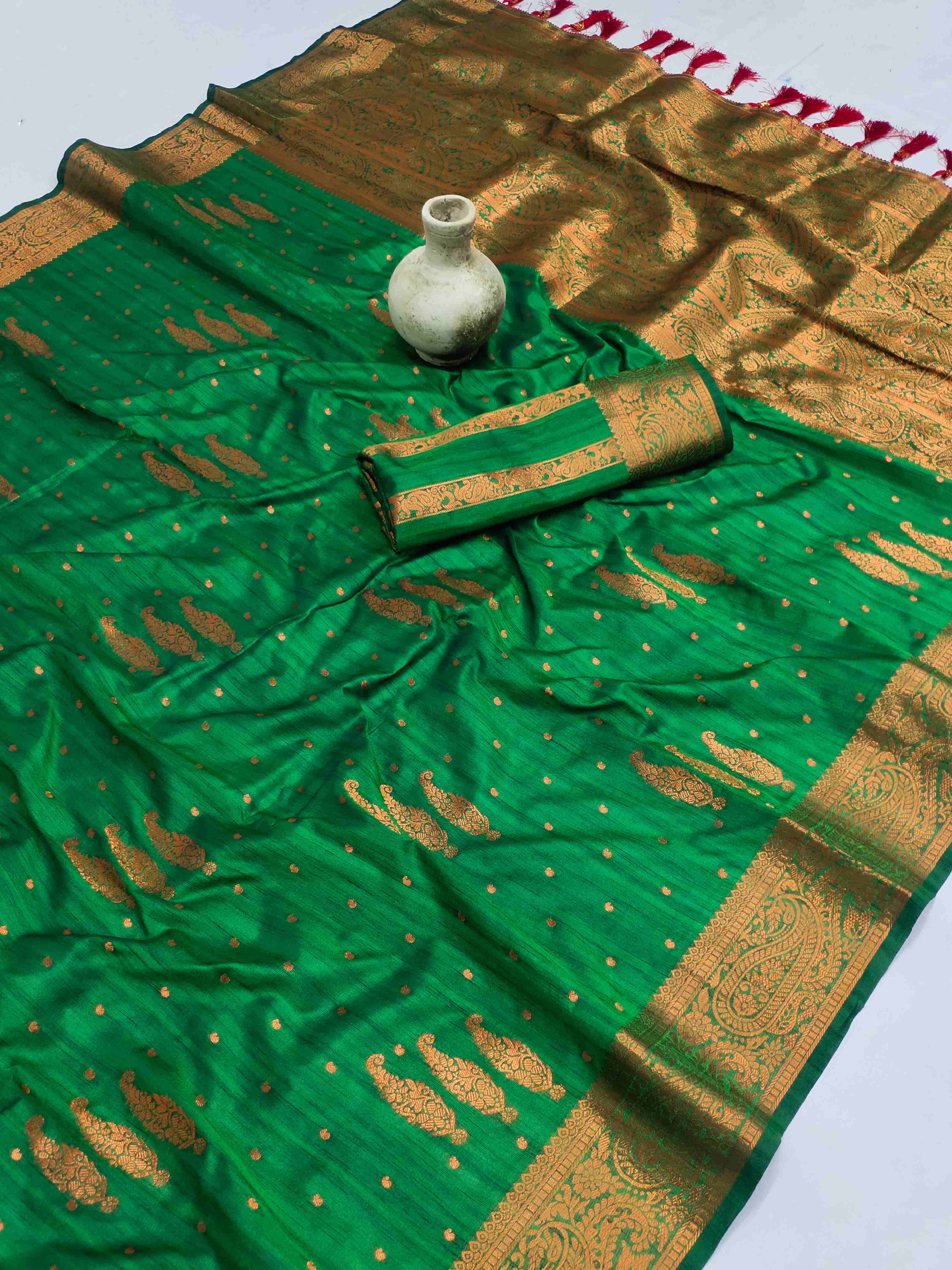 Assemblage Green Soft Banarasi Silk Saree With Evocative Blouse Piece