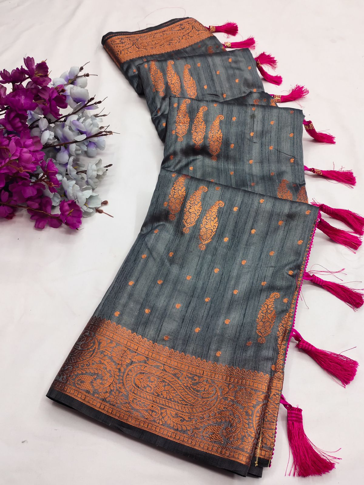 Enticing Grey Soft Banarasi Silk Saree With Evanescent Blouse Piece