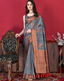 Enticing Grey Soft Banarasi Silk Saree With Evanescent Blouse Piece