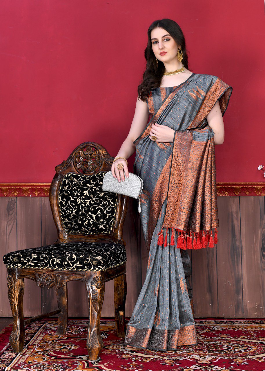 Enticing Grey Soft Banarasi Silk Saree With Evanescent Blouse Piece