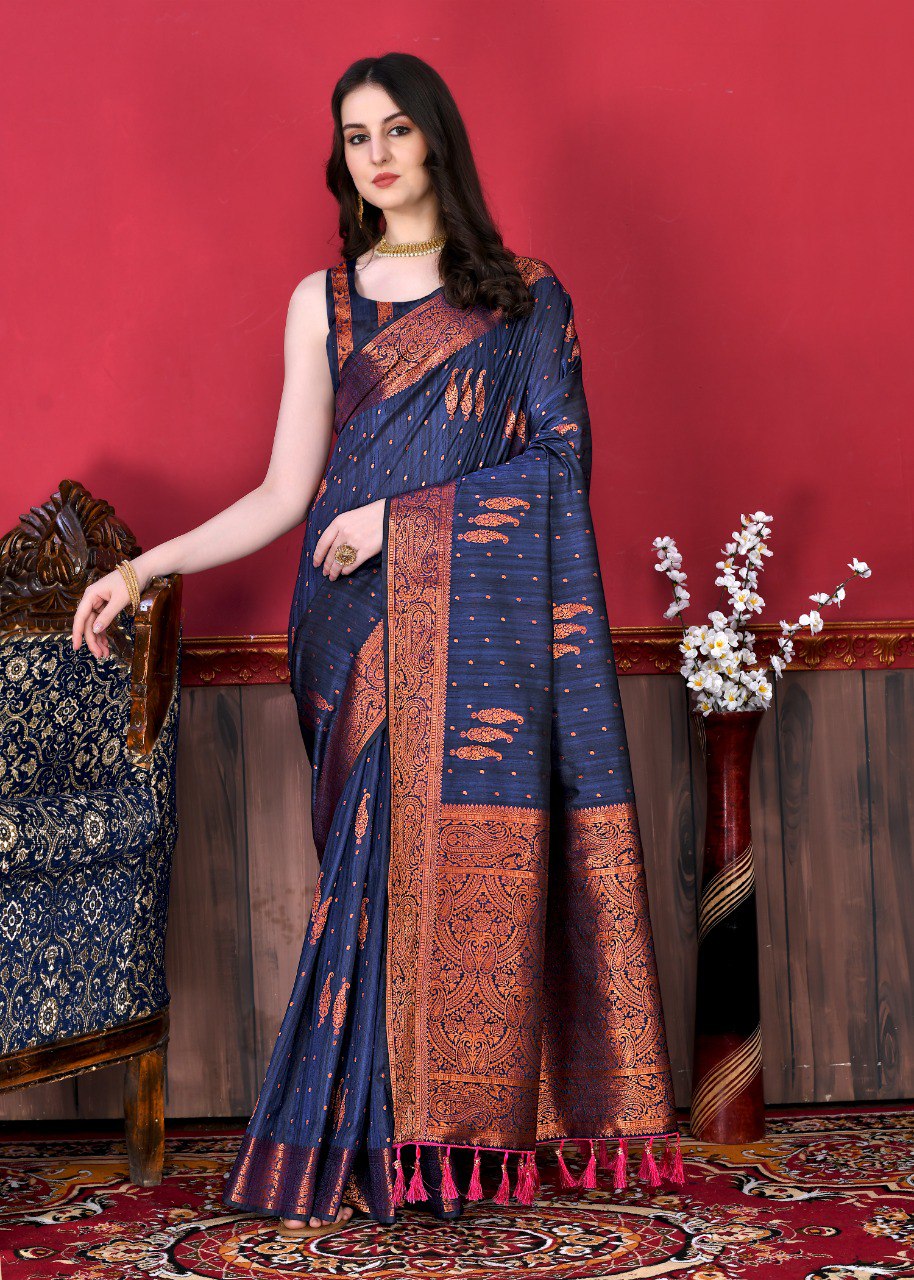 Trendy Navy Blue Soft Banarasi Silk Saree With Gossamer Blouse Piece