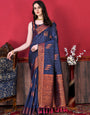 Trendy Navy Blue Soft Banarasi Silk Saree With Gossamer Blouse Piece