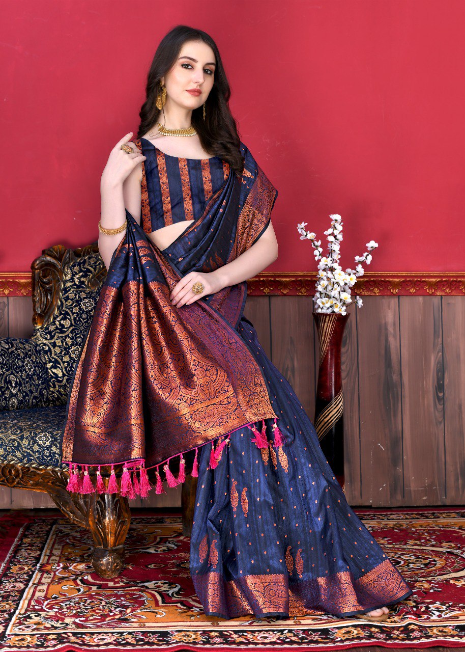 Trendy Navy Blue Soft Banarasi Silk Saree With Gossamer Blouse Piece