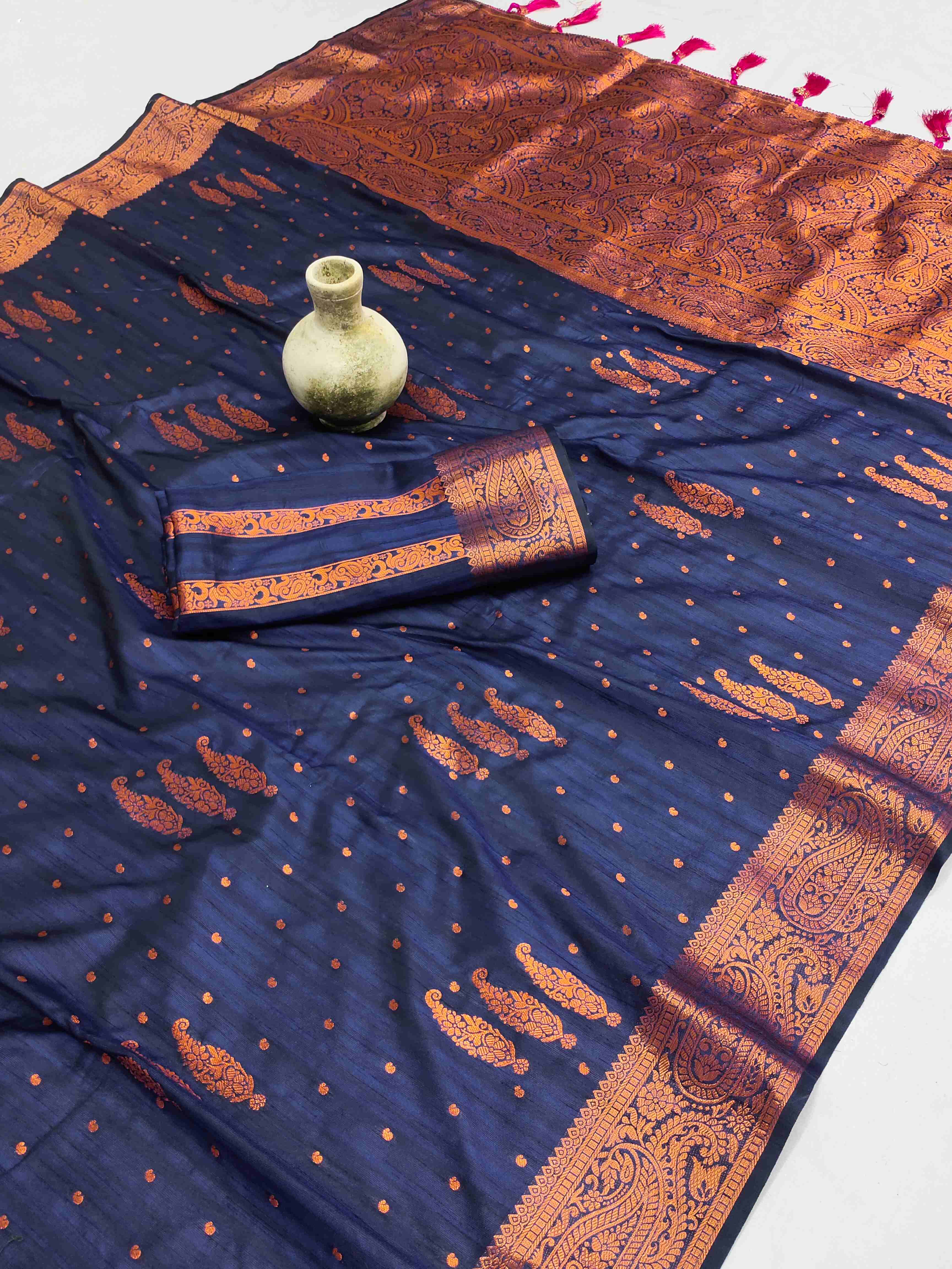 Trendy Navy Blue Soft Banarasi Silk Saree With Gossamer Blouse Piece