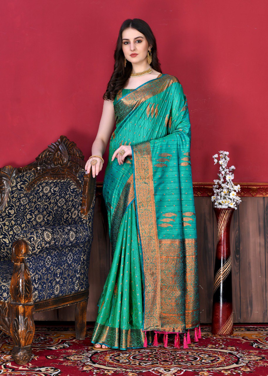 Divine Rama Soft Banarasi Silk Saree With Ephemeral Blouse Piece