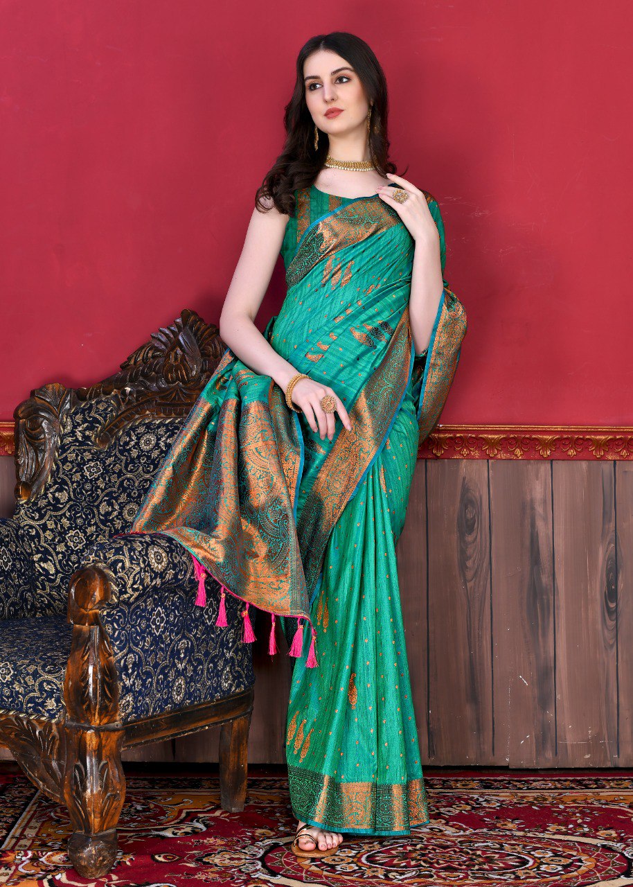 Divine Rama Soft Banarasi Silk Saree With Ephemeral Blouse Piece