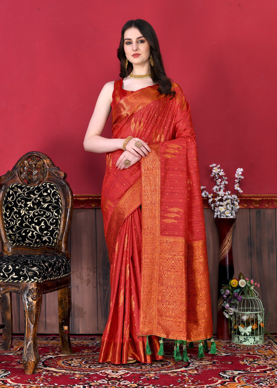 Comely Red Soft Banarasi Silk Saree With Embrocation Blouse Piece