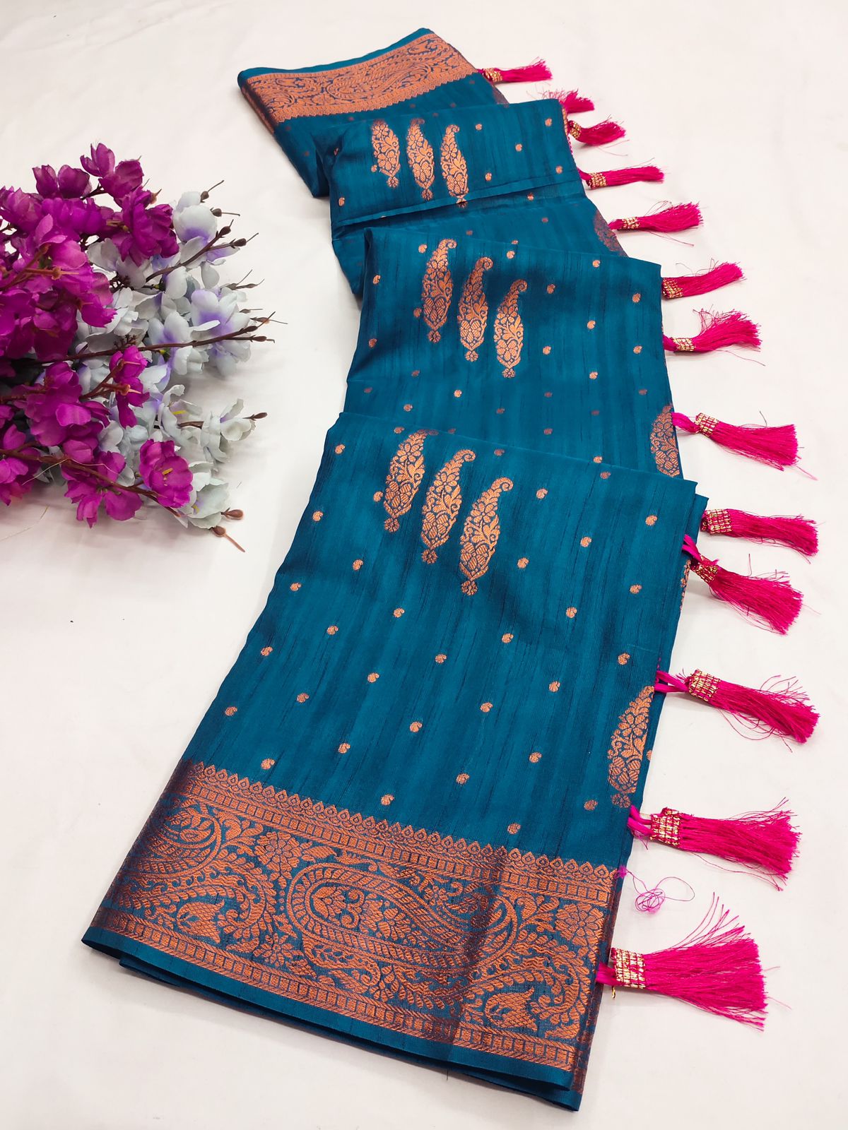 Nectarous Teal Blue Soft Banarasi Silk Saree With Fugacious Blouse Piece