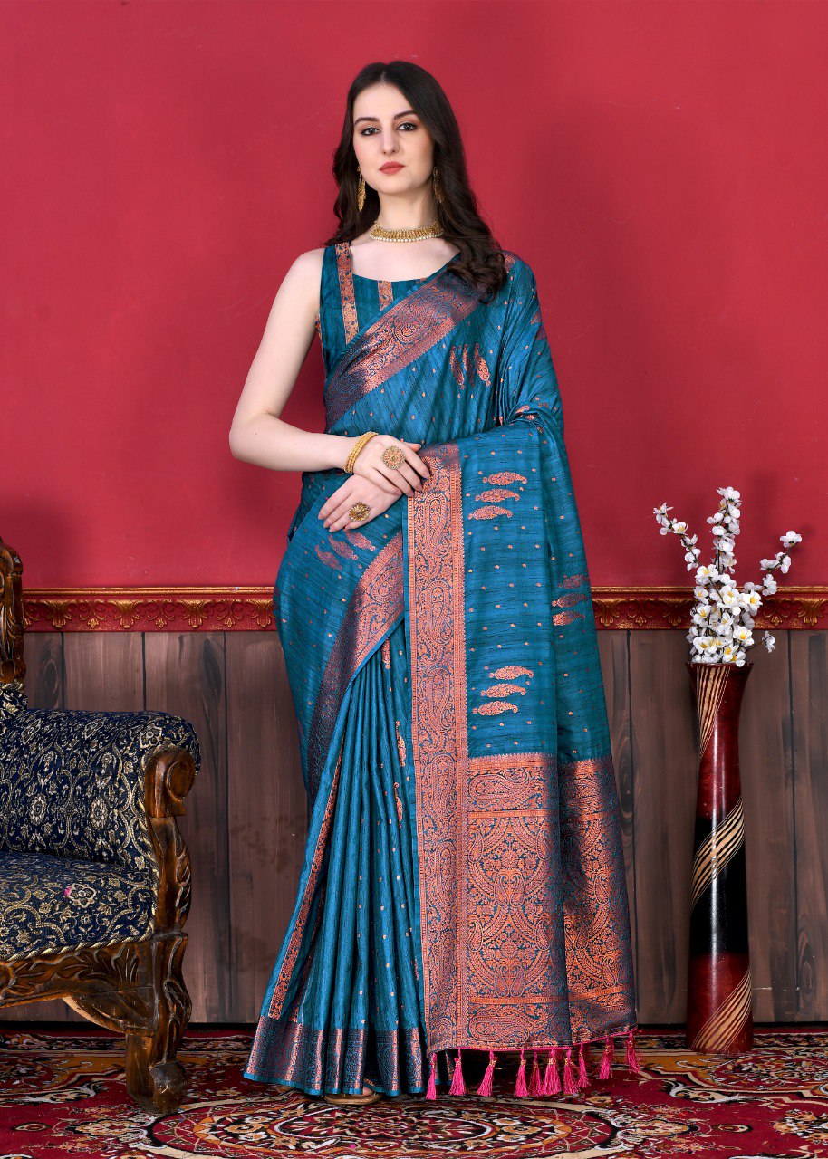 Nectarous Teal Blue Soft Banarasi Silk Saree With Fugacious Blouse Piece