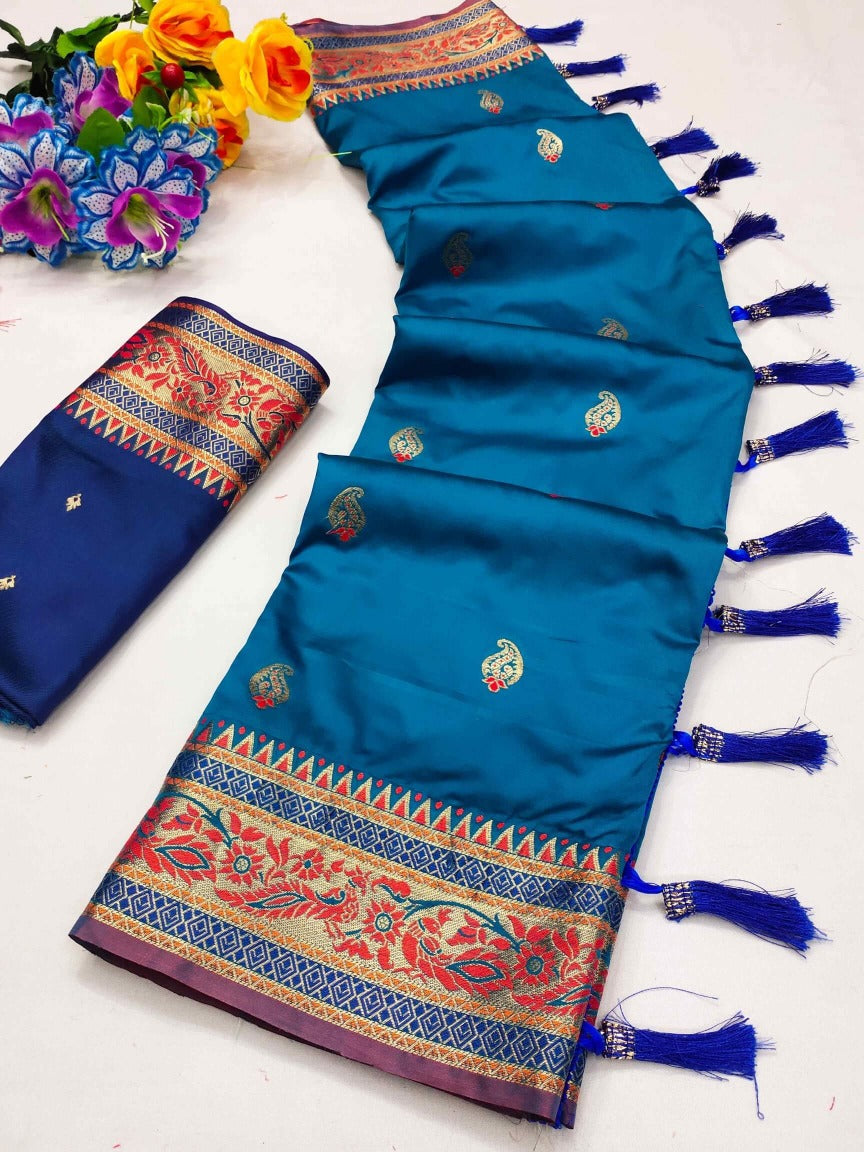 Bewitching Blue Soft Banarasi Silk Saree With Eloquence Blouse Piece