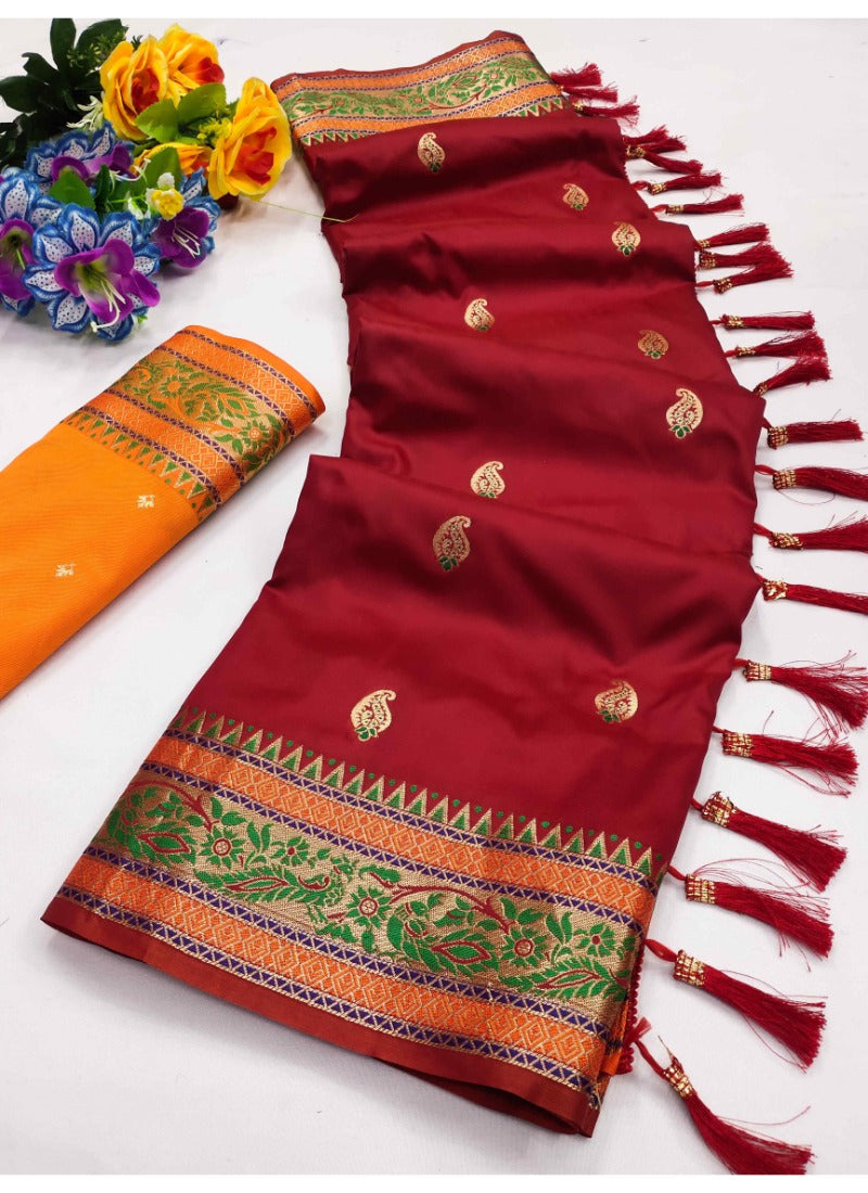 Beauteous Maroon Soft Banarasi Silk Saree With Elision Blouse Piece