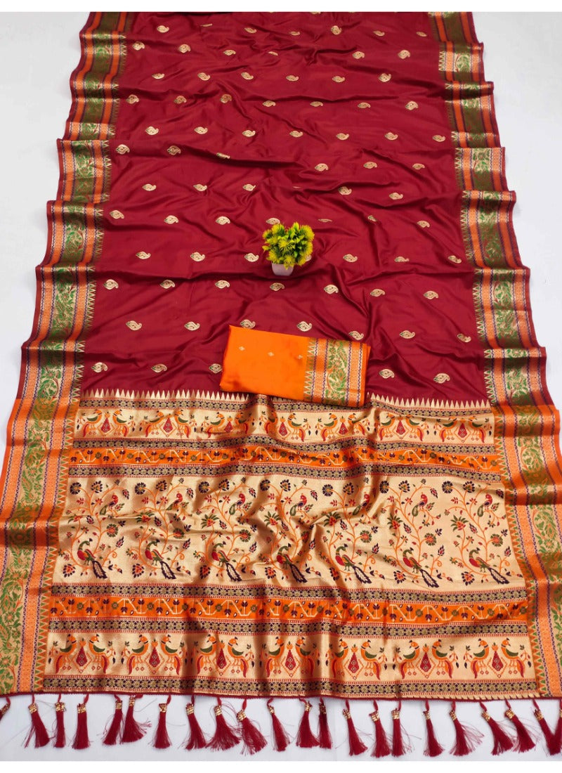 Beauteous Maroon Soft Banarasi Silk Saree With Elision Blouse Piece