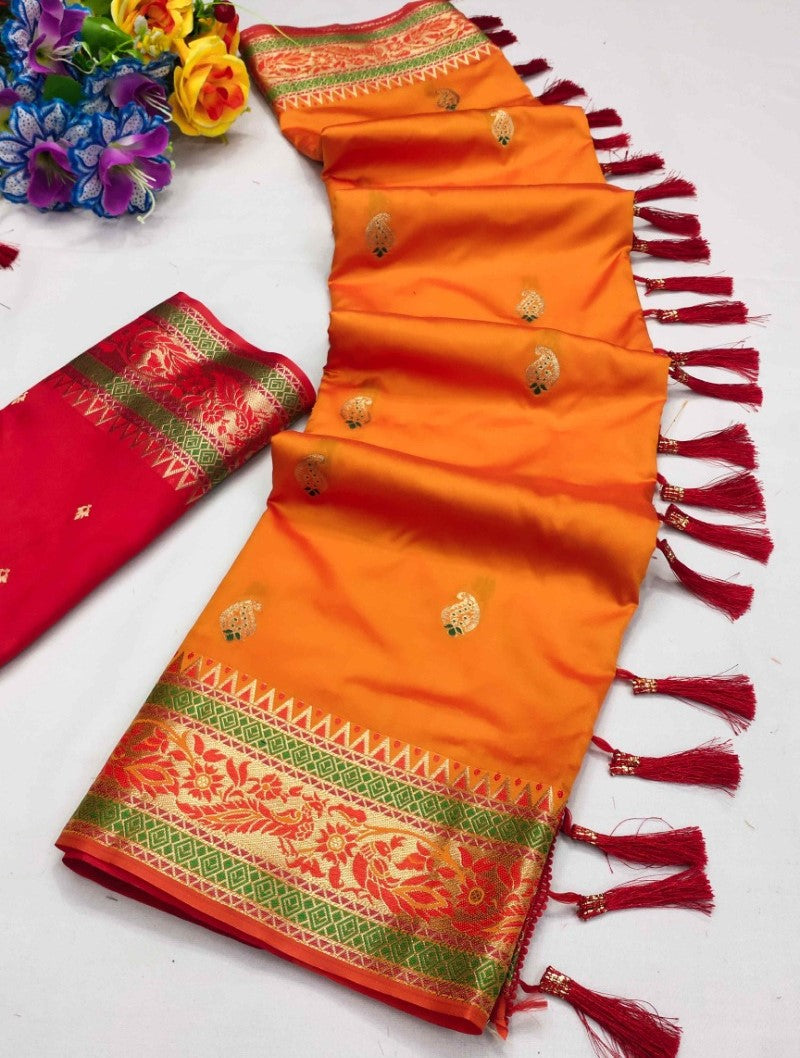 Angelic Orange Soft Banarasi Silk Saree With Efflorescence Blouse Piece