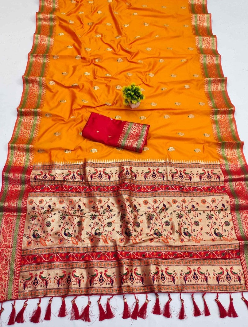 Angelic Orange Soft Banarasi Silk Saree With Efflorescence Blouse Piece