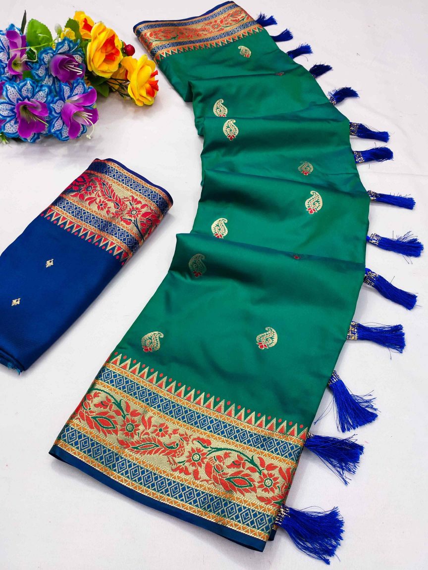 Ideal Rama Soft Banarasi Silk Saree With Ebullience Blouse Piece