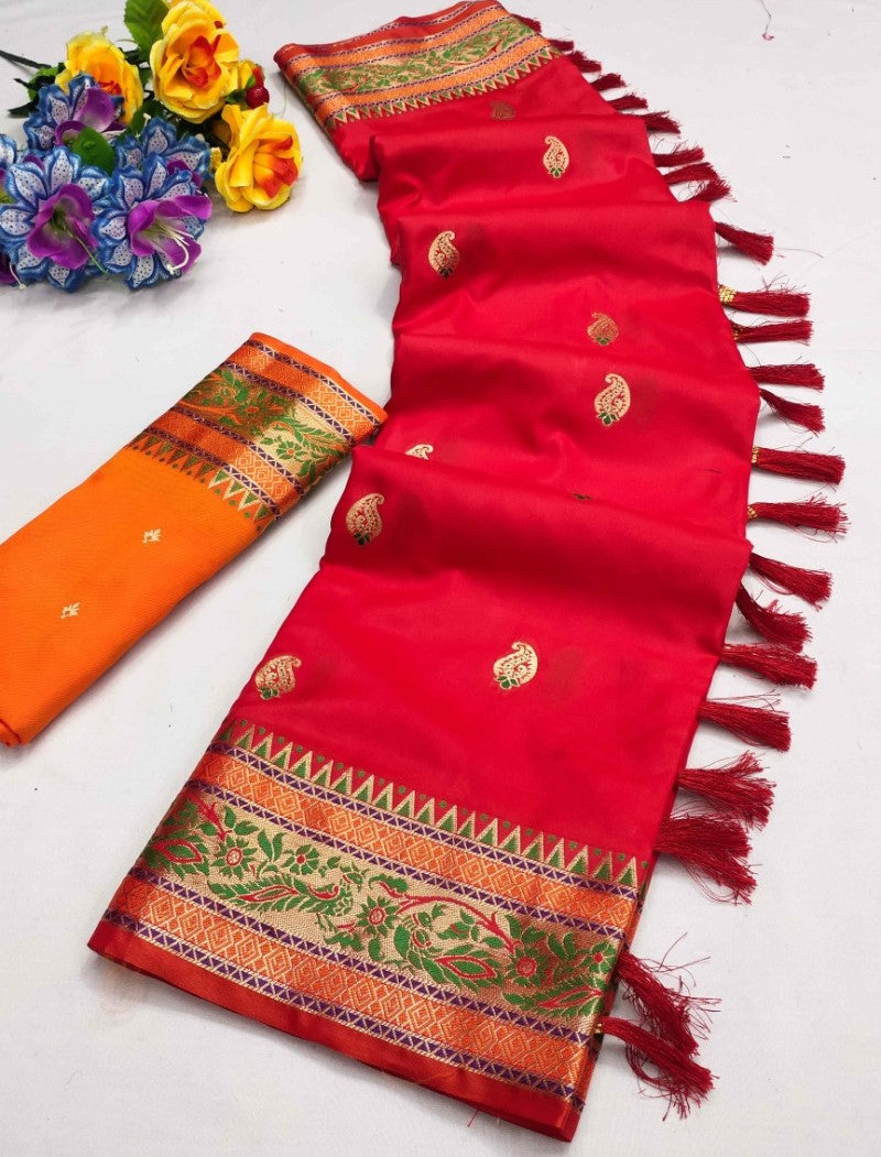 Traditional Red Soft Banarasi Silk Saree With Dissemble Blouse Piece