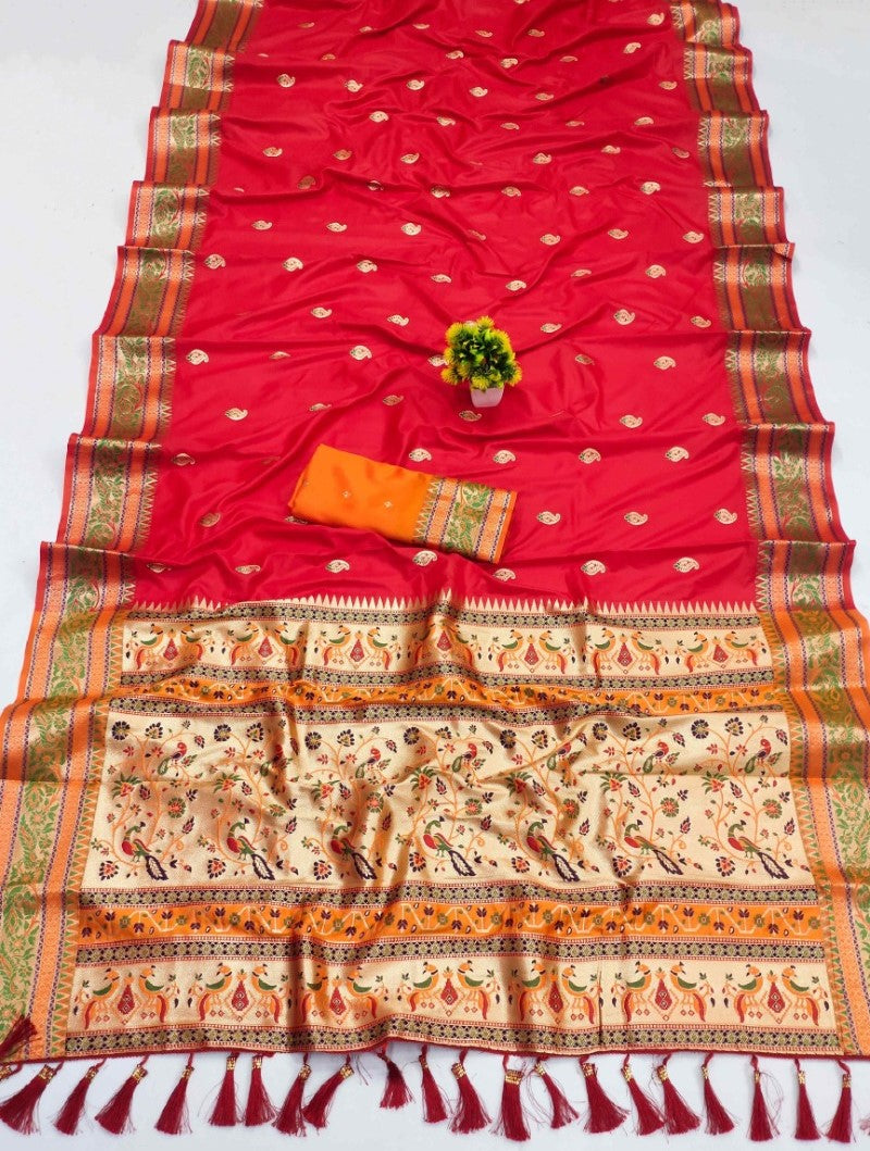 Traditional Red Soft Banarasi Silk Saree With Dissemble Blouse Piece