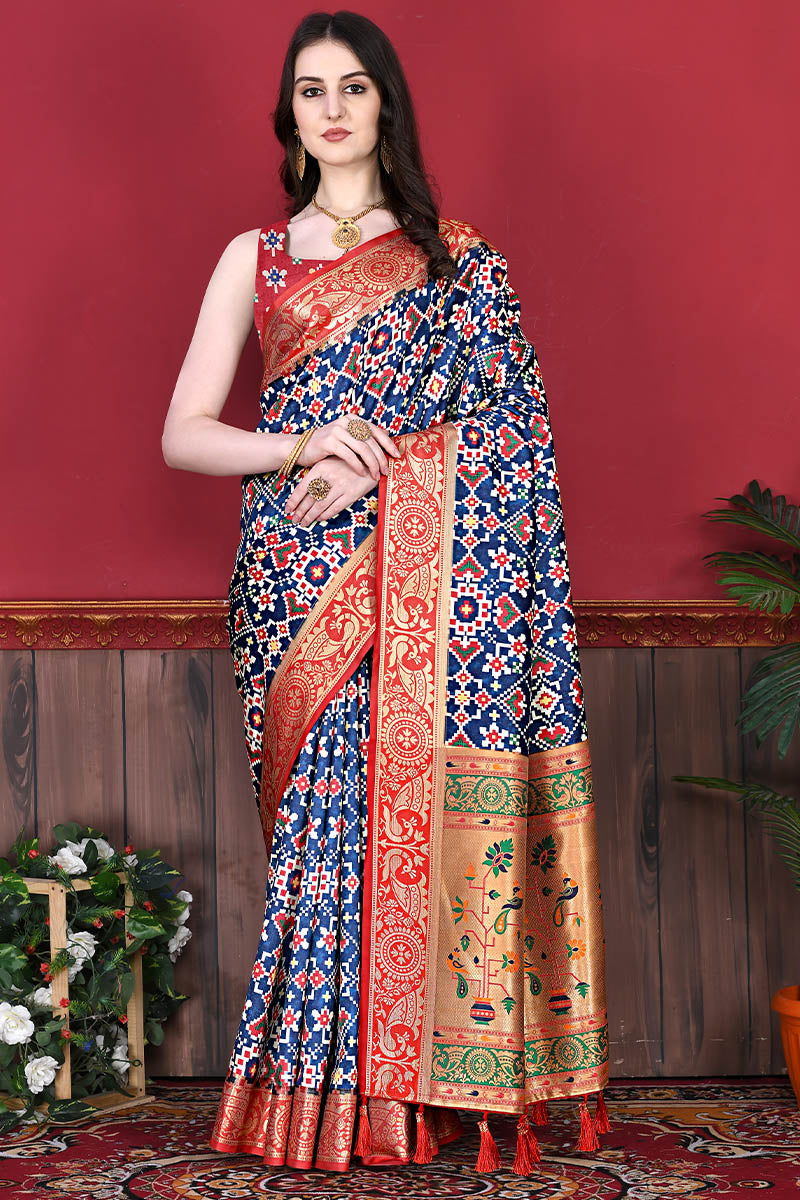 Intricate Blue Patola Silk Saree with Capricious Blouse Piece