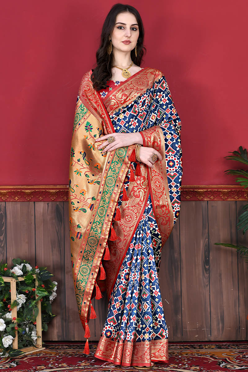 Intricate Blue Patola Silk Saree with Capricious Blouse Piece