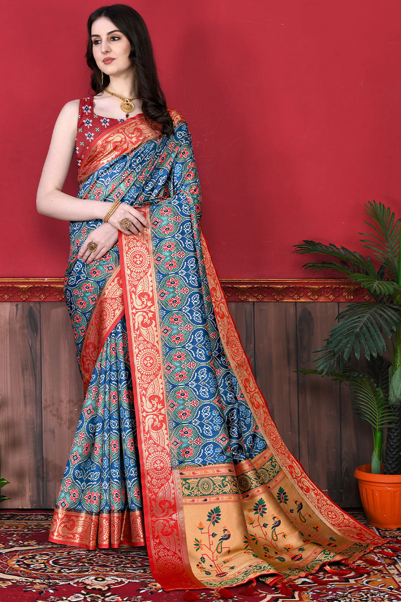 Demanding Firozi Patola Silk Saree with Skinny Blouse Piece