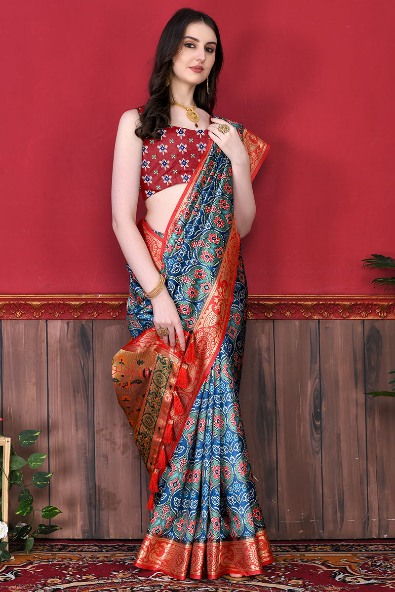 Demanding Firozi Patola Silk Saree with Skinny Blouse Piece