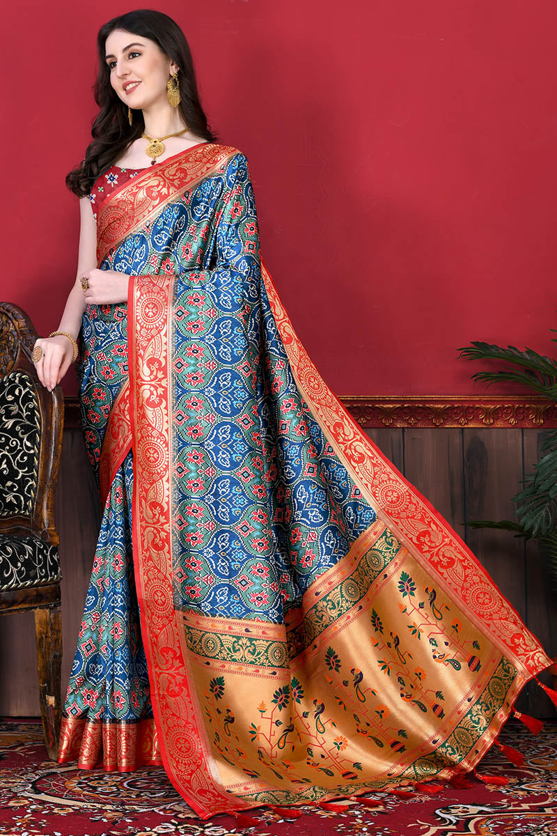 Demanding Firozi Patola Silk Saree with Skinny Blouse Piece