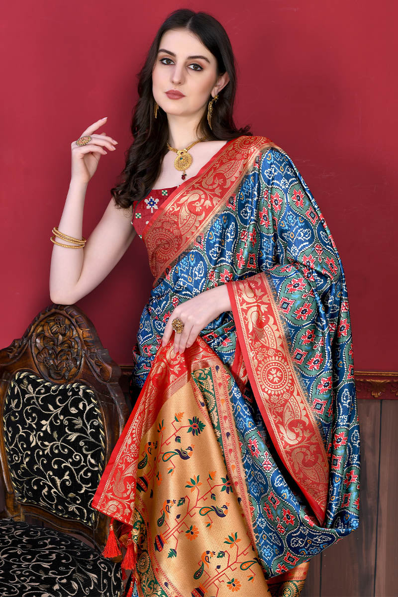 Demanding Firozi Patola Silk Saree with Skinny Blouse Piece