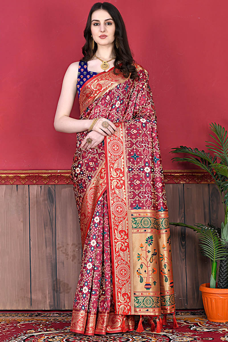 Girlish Maroon Patola Silk Saree with Stylish Blouse Piece