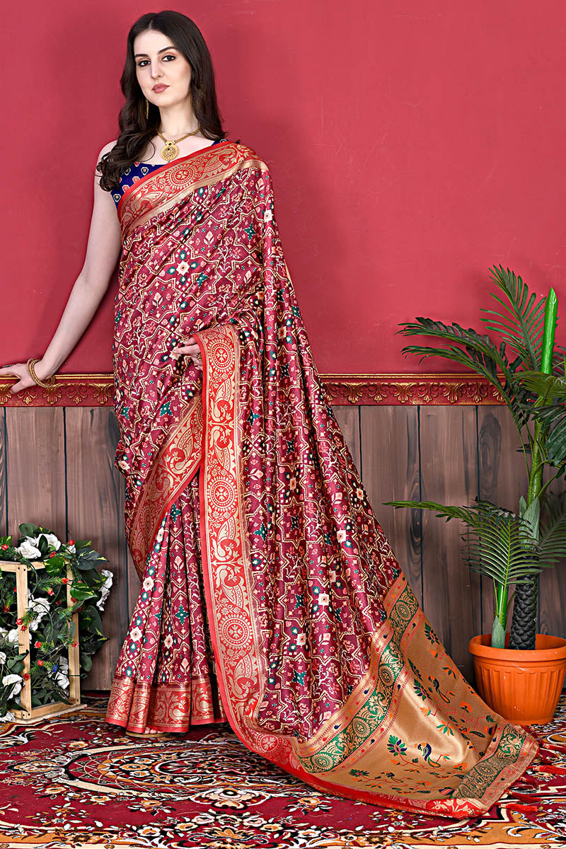 Girlish Maroon Patola Silk Saree with Stylish Blouse Piece