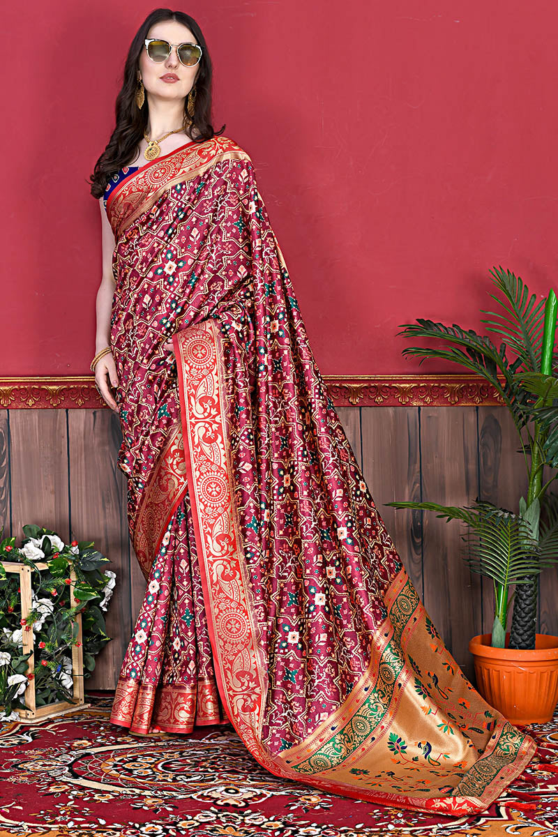 Girlish Maroon Patola Silk Saree with Stylish Blouse Piece