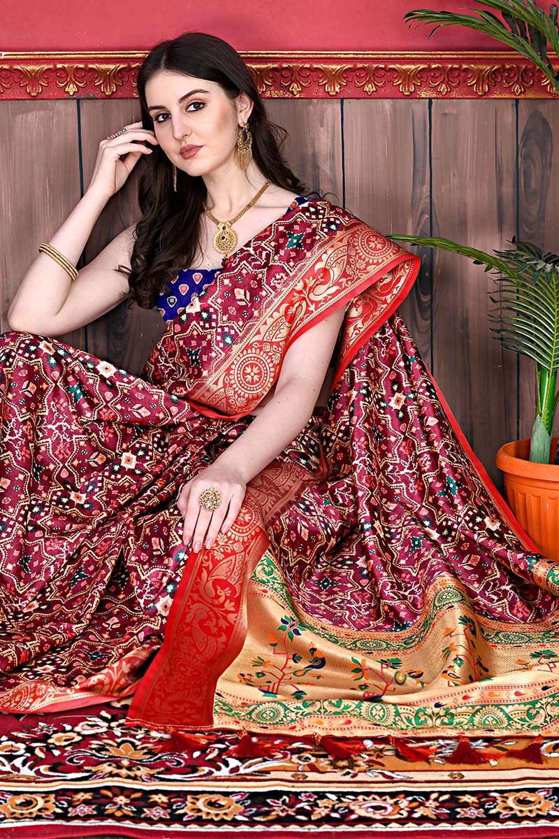 Girlish Maroon Patola Silk Saree with Stylish Blouse Piece