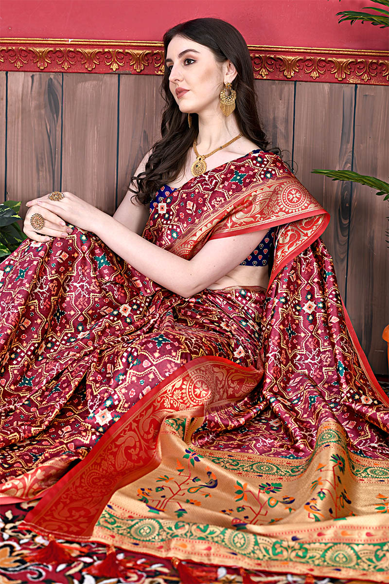 Girlish Maroon Patola Silk Saree with Stylish Blouse Piece