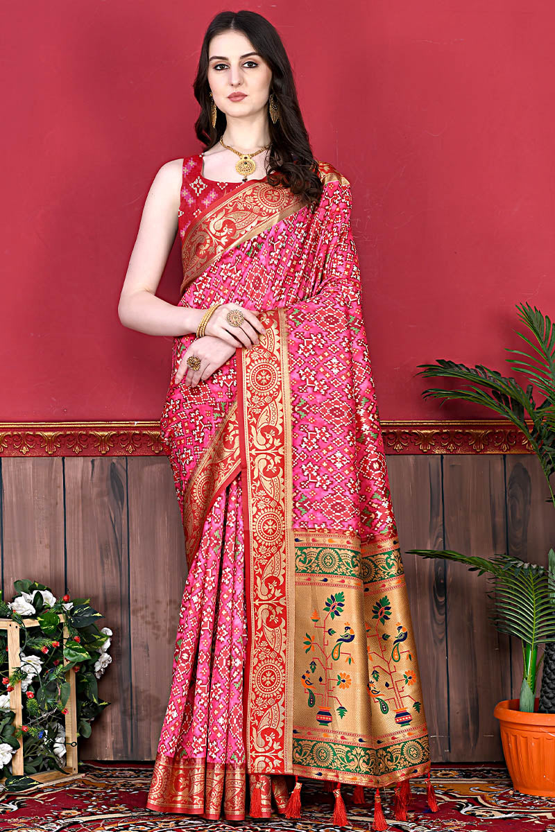 Beautiful Pink Patola Silk Saree with Mesmerising Blouse Piece