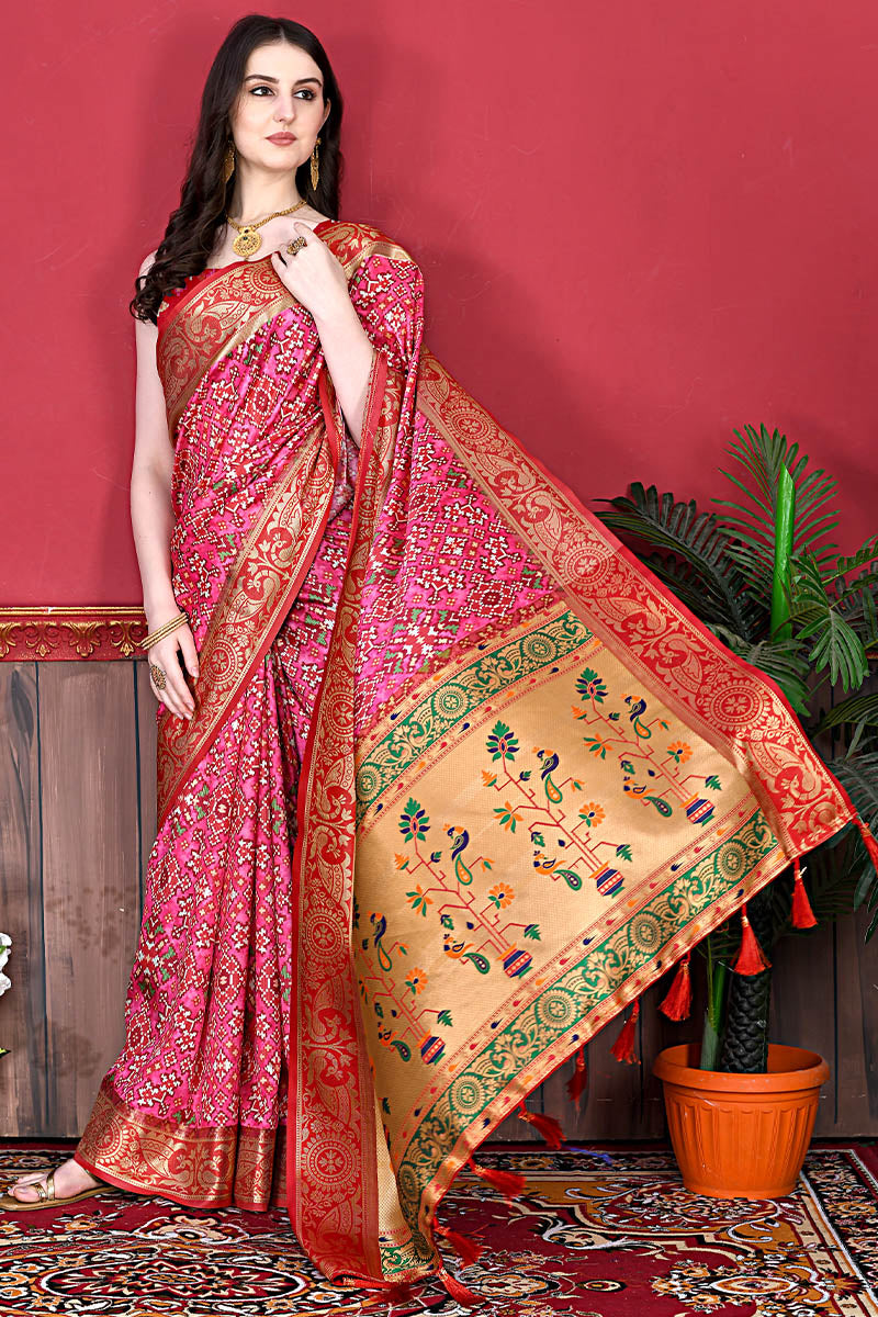 Beautiful Pink Patola Silk Saree with Mesmerising Blouse Piece