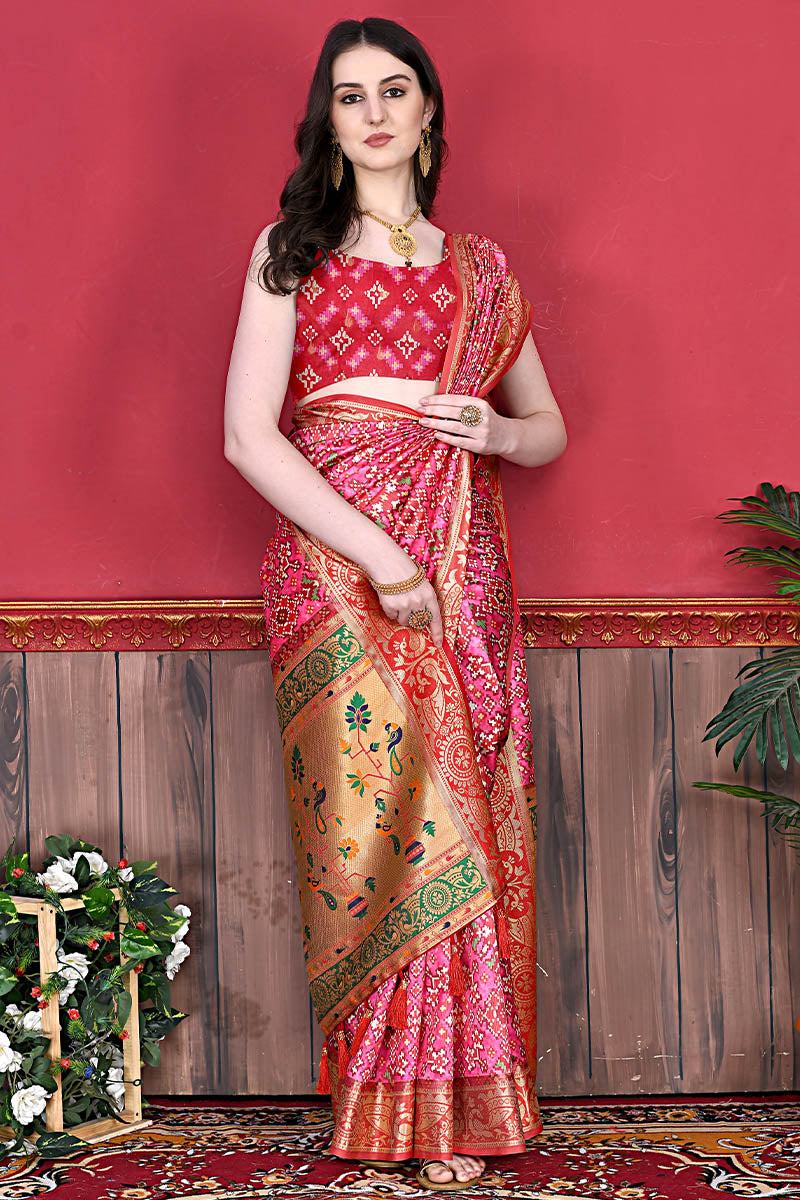 Beautiful Pink Patola Silk Saree with Mesmerising Blouse Piece