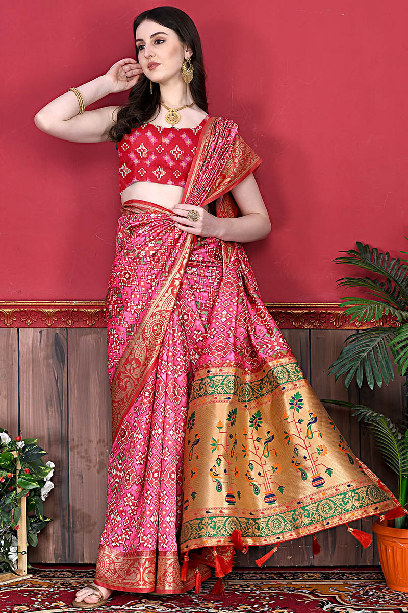 Beautiful Pink Patola Silk Saree with Mesmerising Blouse Piece