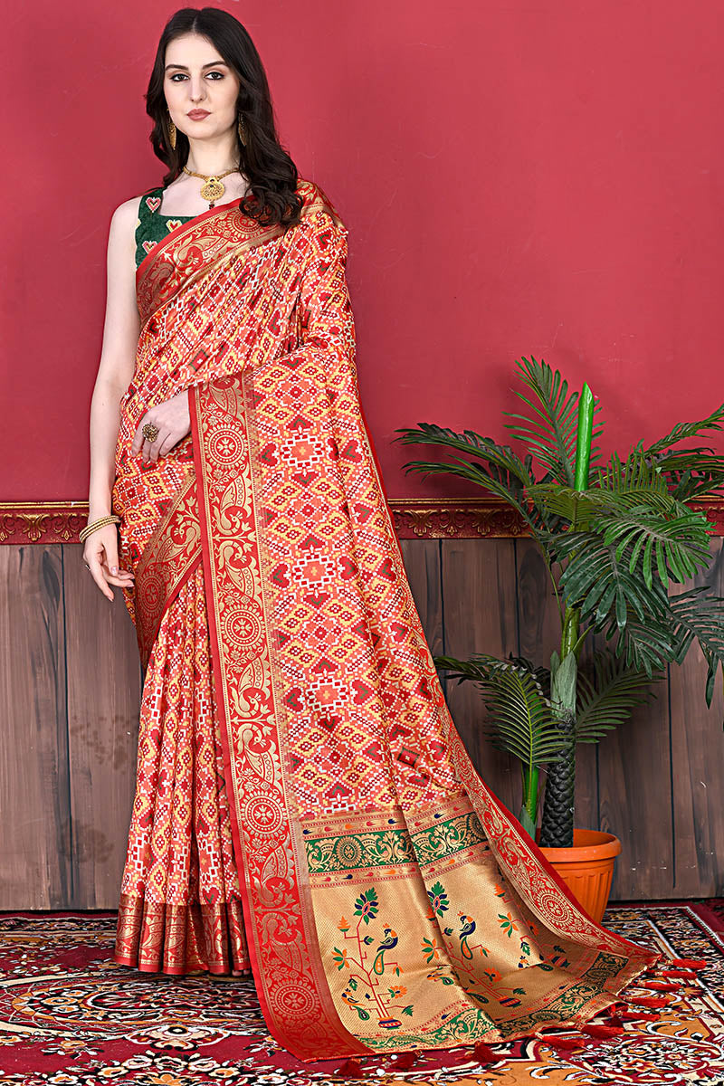 Eye-catching Red Patola Silk Saree with Wonderful Blouse Piece