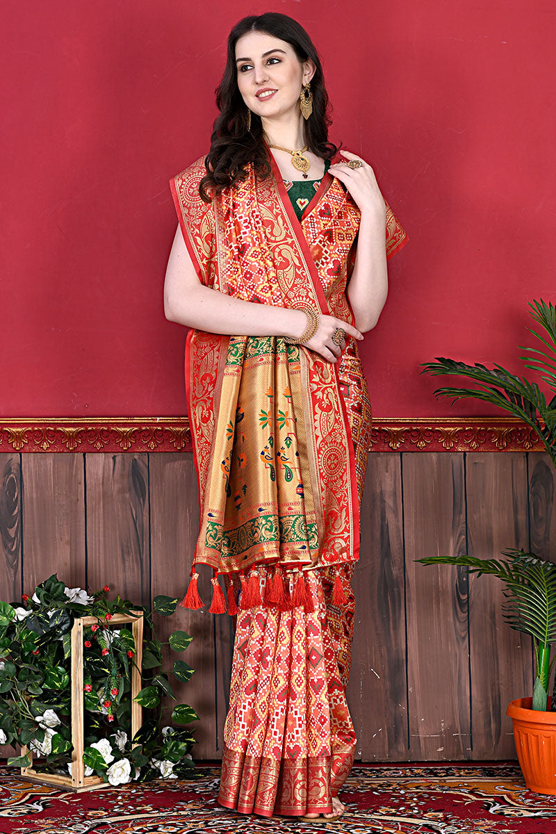 Eye-catching Red Patola Silk Saree with Wonderful Blouse Piece