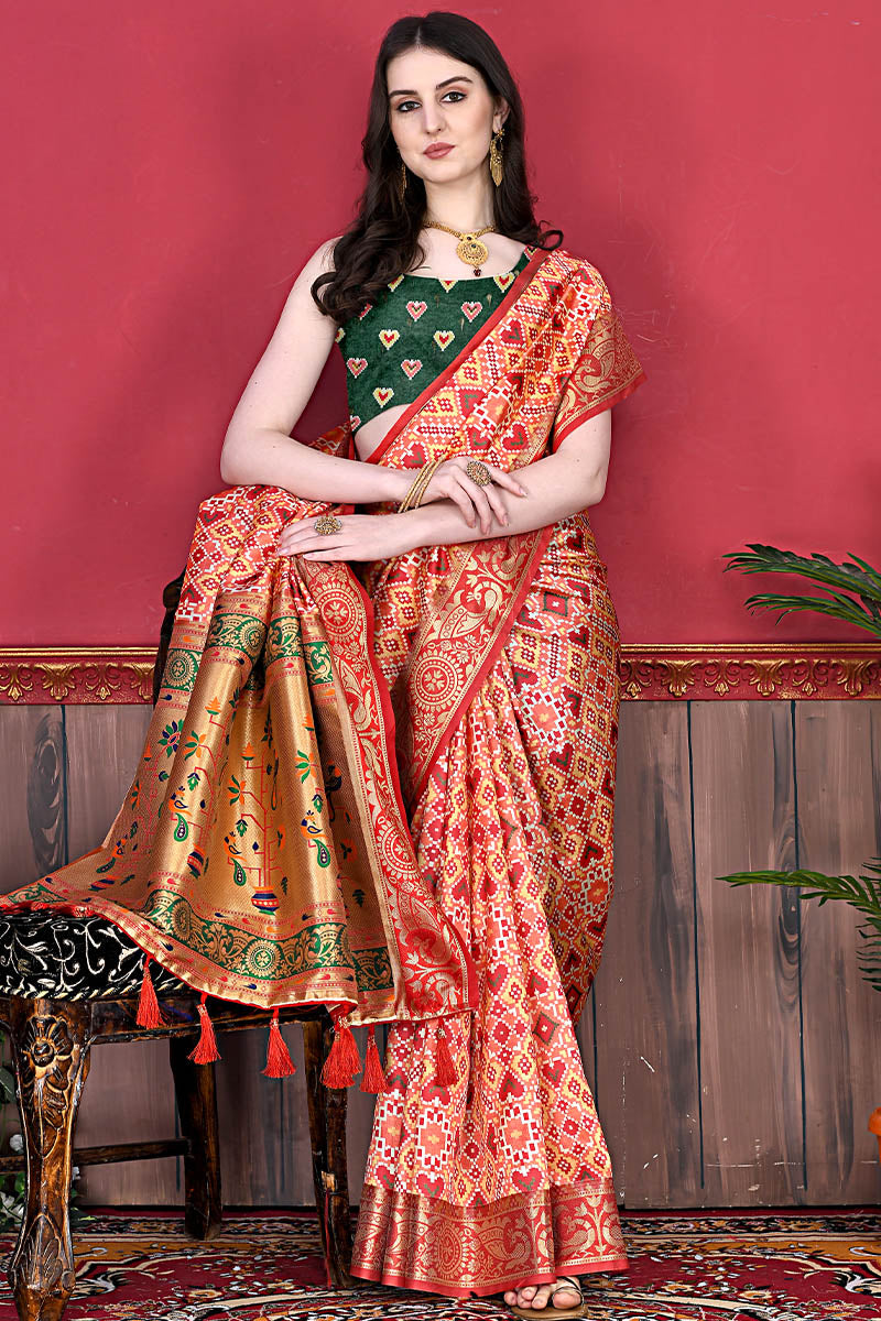 Eye-catching Red Patola Silk Saree with Wonderful Blouse Piece