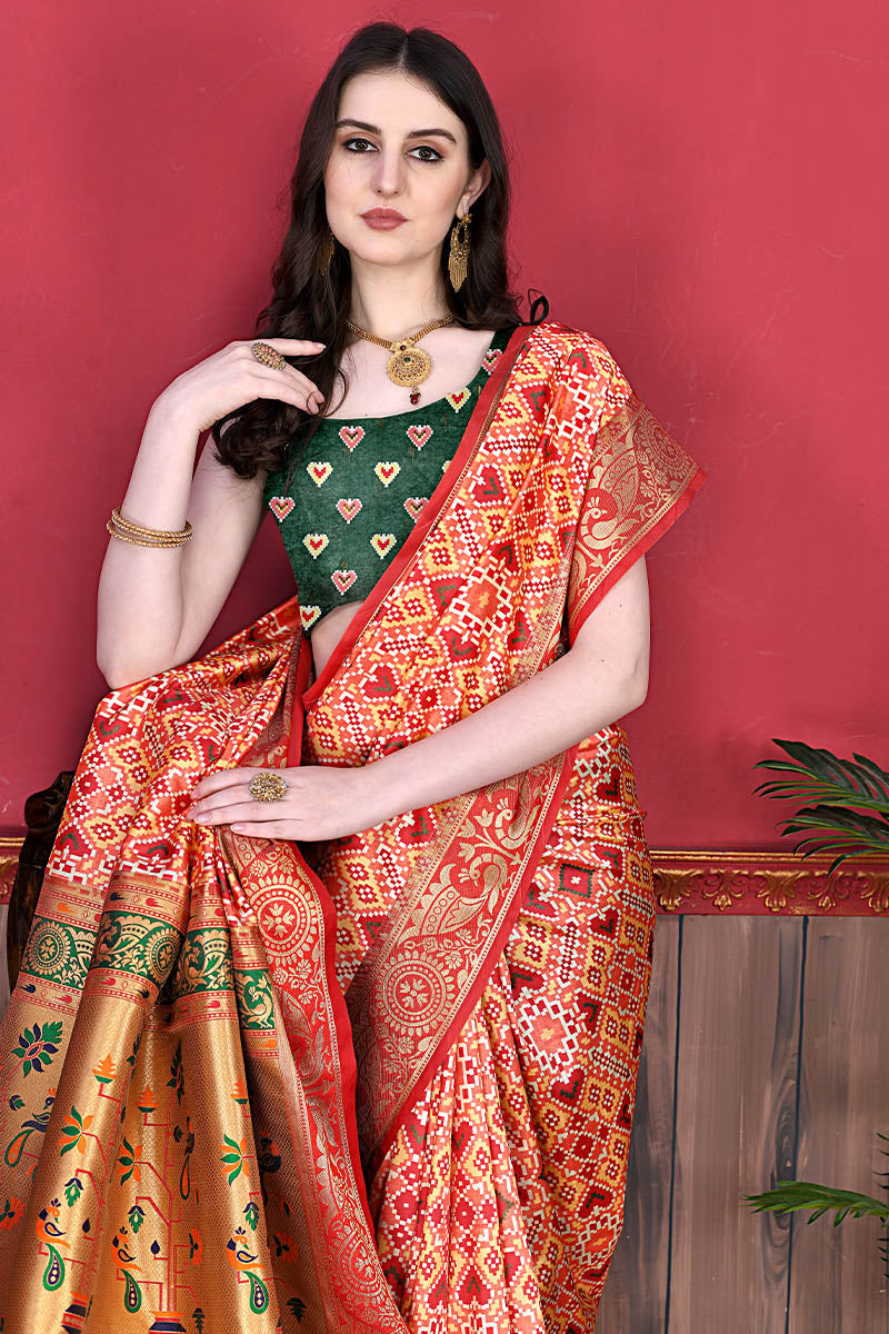 Eye-catching Red Patola Silk Saree with Wonderful Blouse Piece