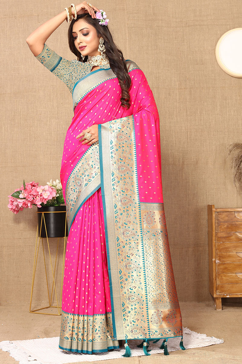 Devastating Dark Pink Soft Banarasi Silk Saree With Invaluable Blouse Piece