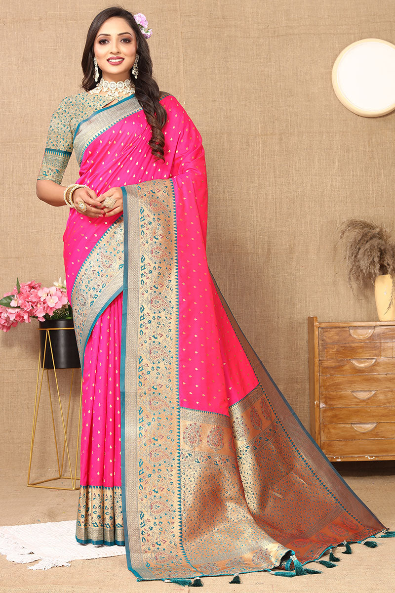 Devastating Dark Pink Soft Banarasi Silk Saree With Invaluable Blouse Piece