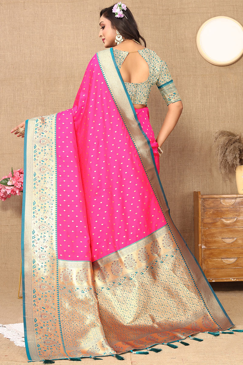 Devastating Dark Pink Soft Banarasi Silk Saree With Invaluable Blouse Piece