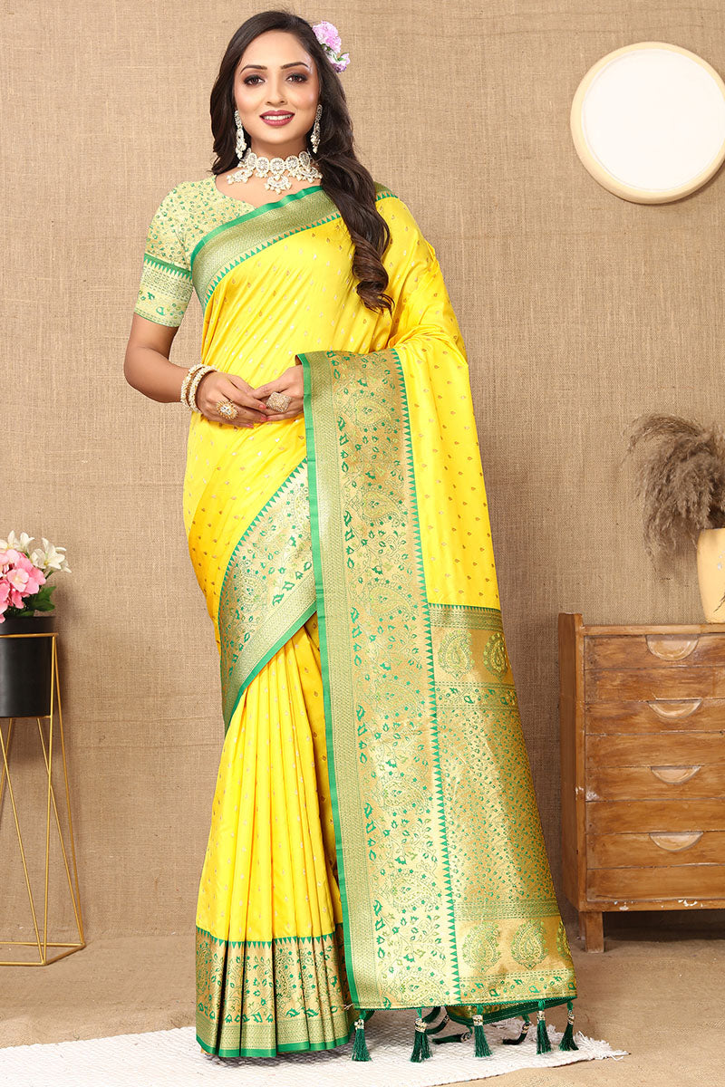 Dazzling Yellow Soft Banarasi Silk Saree With Breathtaking Blouse Piece